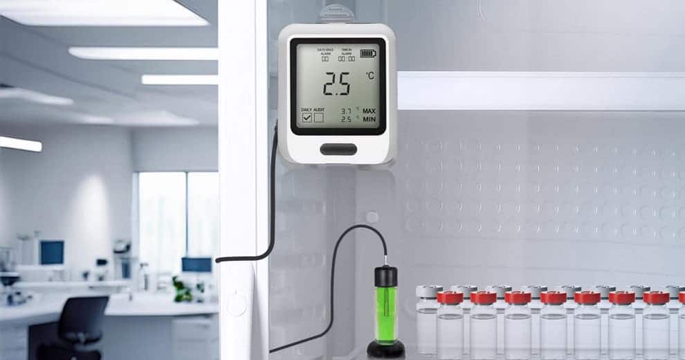 EL-USB-TPX+ vaccine data logger on fridge in medical room